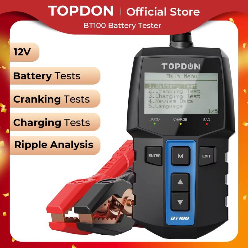 TOPDON BT100 12V Car Battery Tester Digital Automotive Diagnostic Battery Tester Analyzer Vehicle Cranking Charging Scanner Tool BT100