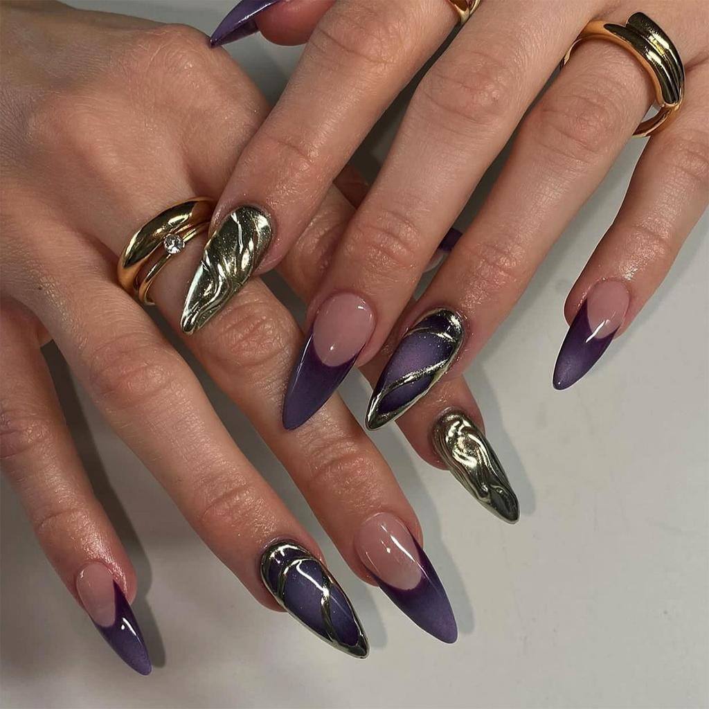 24PCS Simple French Almond Press On Nails with Glue Metallic Silver Pattern Fake Nails Artificial Detachable False Nail Tips Art