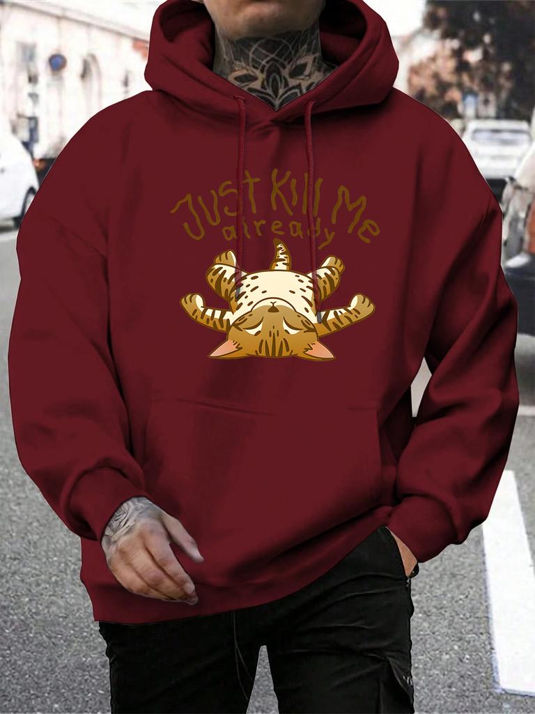 Bring mich einfach um schon Cartoon Katze Muster Herren Hoodie Harajuku Herbst Streetwear Mehrfarbig Fleece Pullover Locker Kängurutasche Hoodies