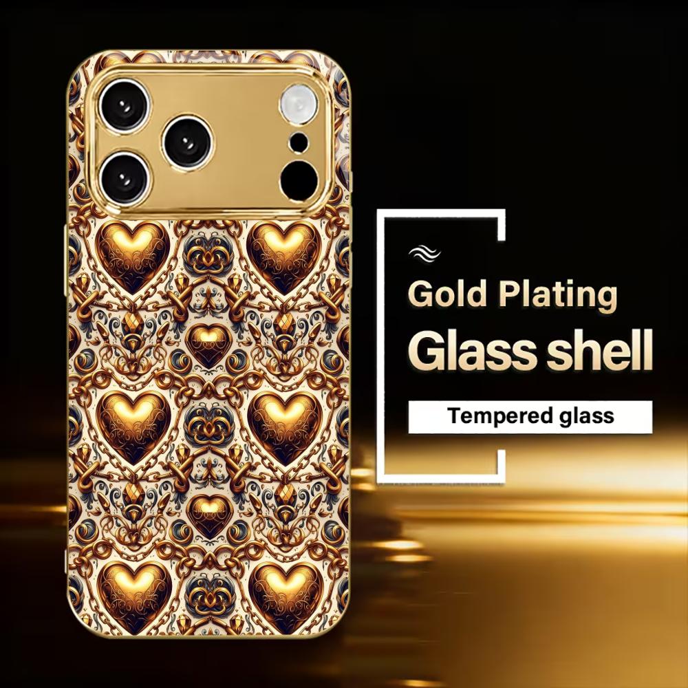 Gold Heart Pattern Prin fashion phone cases phone case fundas carcasa Glass Phone Case for iPhone 17 16 15 14 13 12pm Pro Plus