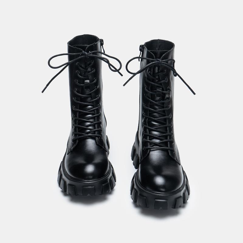 Martin-Stiefel für Damen, dicke Sohle, Schnürstiefel im britischen Stil, modische Damenschuhe mit mittelhohem Absatz und runder Spitze