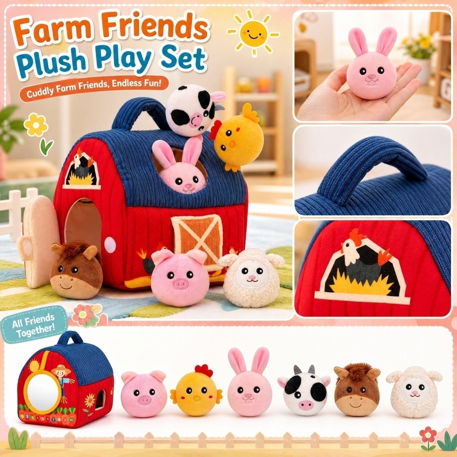 Plush Farm Animal Playset for Toddlers Sensory Educational Toy One Size