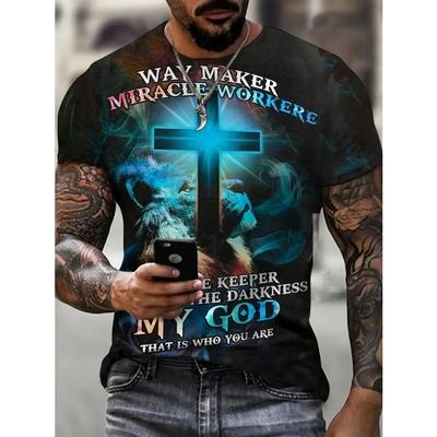 Plus Size Mens Vibrant 3D Lion & Cross Graphic Print T-Shirt Moisture-Wicking Summer Casual Wear, Outdoor Activities, and Travel