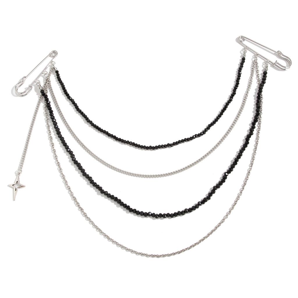 Punk Hip Hop Long Chain Fringed Brooch, Fashionable Shining Star Double Pin Suit Pendant