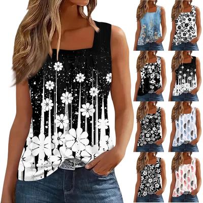 Women's Fashion Casual Pleated Square Collar Sleeveless Vest Print Summer T-shirt