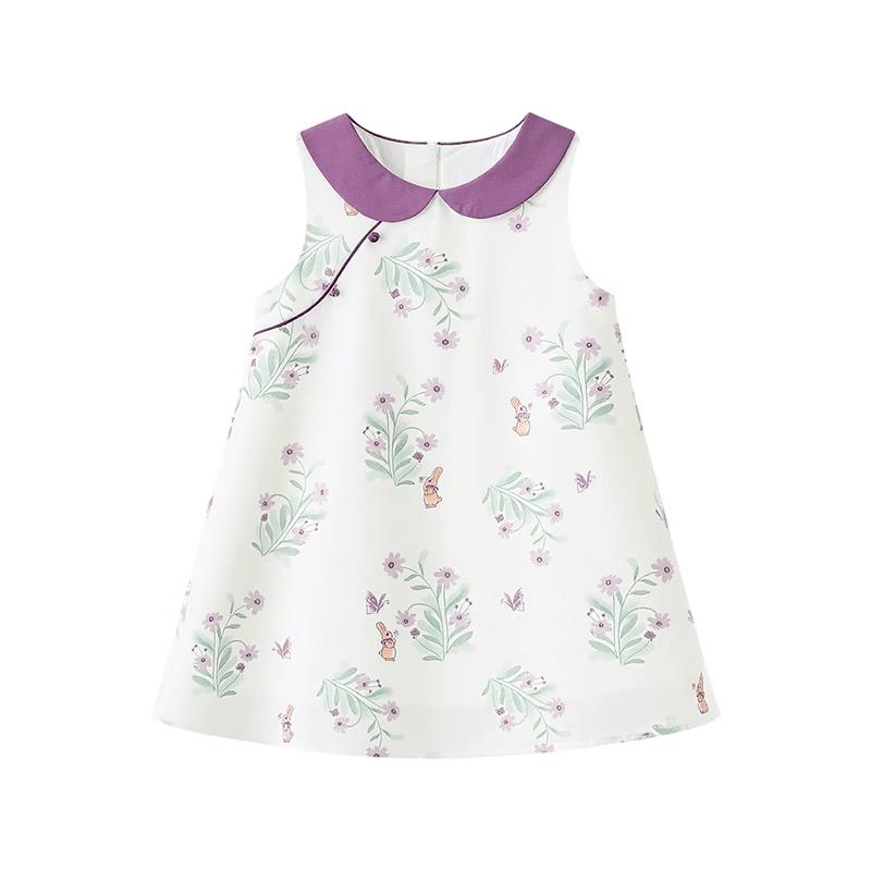 ASK JUNIOR Kids' Summer New Chinese Style Color-block Peter Pan Collar Dress