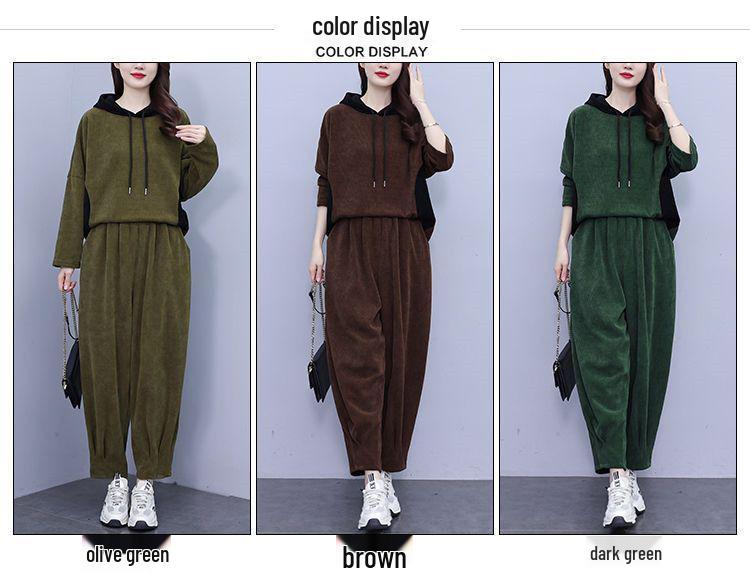 Autumn Plus Size Hooded Corduroy Fashion Set - Slimming Two-Piece for Casual Wear