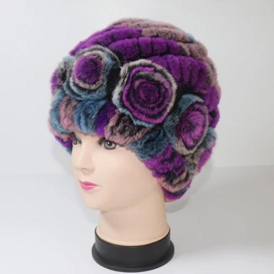 Hot Sale Winter Women Flower Striped Natural Real Fur Hats Lady Warm Knit Genuine Rex Rabbit Fur Caps Outdoor Fur Beanies Hats