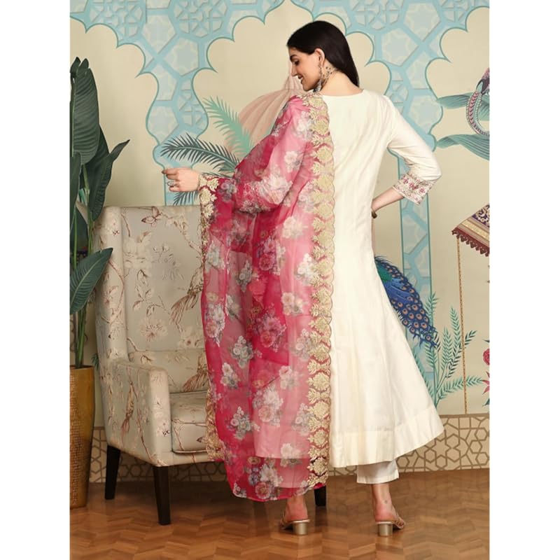 Ishin White Floral Embroidered Thread Work Straight Kurta With Trousers & Dupatta | Kurta Set for Women | Kurta with Tro