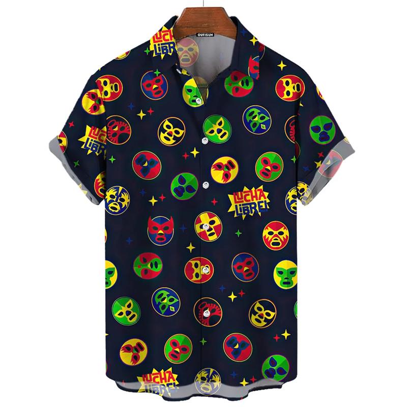 Hawaiian Shirt for Men Mexican Wrestling Print Men's Shirt Streetwear Fashion Summer New Short Sleeve Top Men's Trendy Clothing