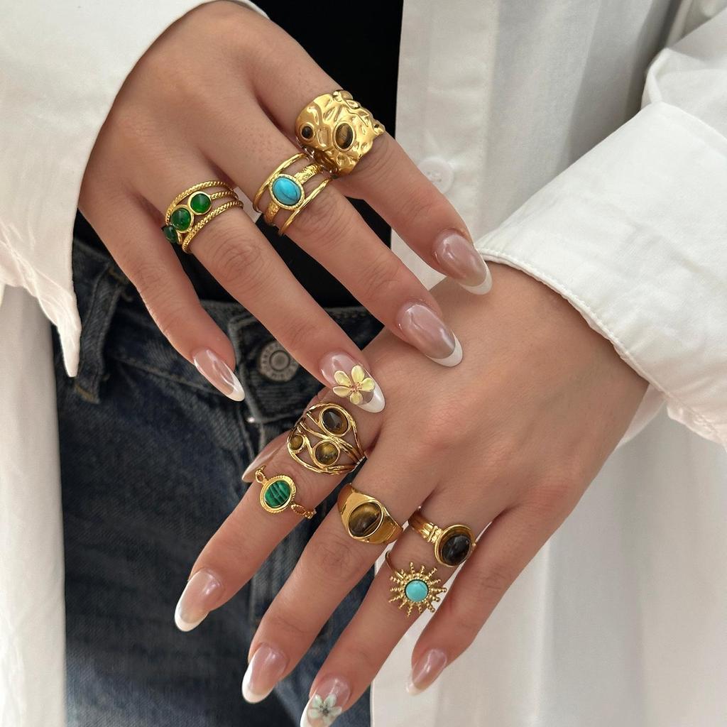 Vintage Ethnic Stainless Steel Gemstone Open Ring For Women Punk Personality Stackable Finger Jewelry Hand Accessories