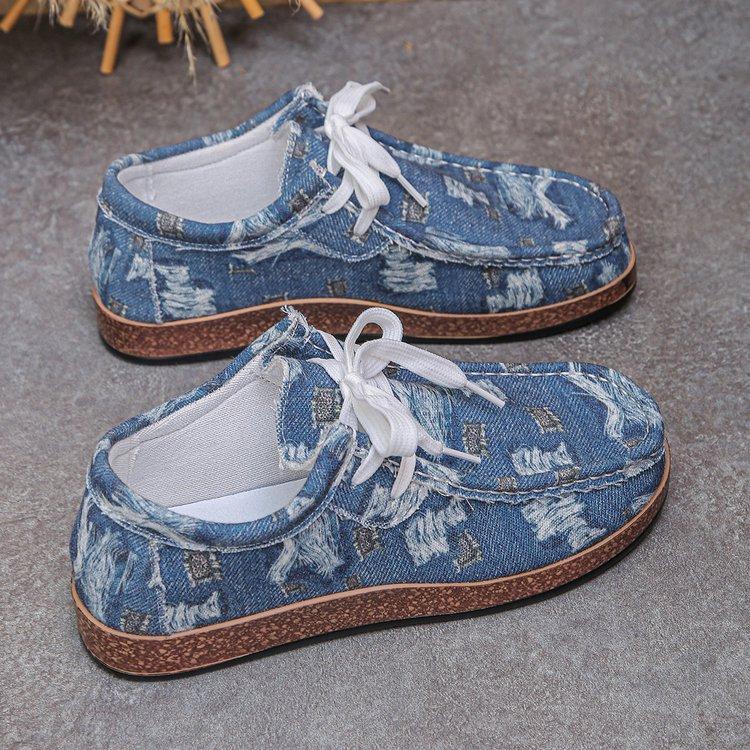 Large size flat-bottomed casual single shoes for women, new canvas lace-up flat-bottomed single shoes for women in spring and autumn