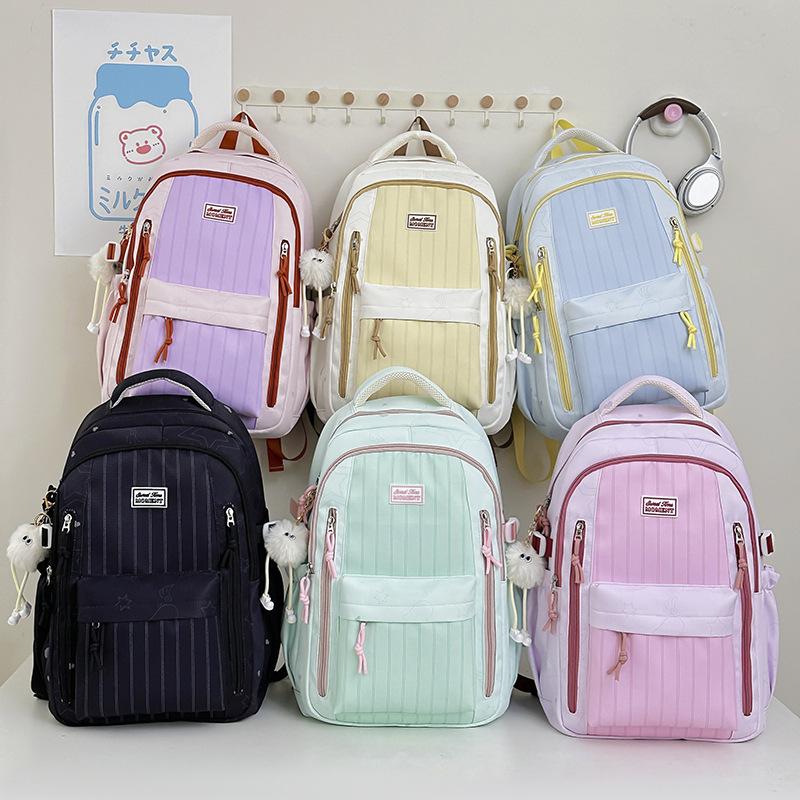 Schoolbag Female college style lightweight versatile soft girl backpack Korean version ins tree stripe junior high school travel bag