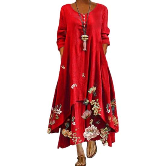 Loose Dress Round Neck Ankle-length Irregular Hem Floral A-line Dress With Pocket for