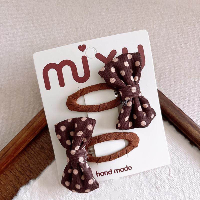 2 Pièces/Ensemble Doux Couleur Café Pinces à Cheveux Bébé Fille Coton Pois Pois Épingle à Cheveux Enfant Imprimés Écossais Tartan Nœud Barrette Accessoires Cheveux Enfants