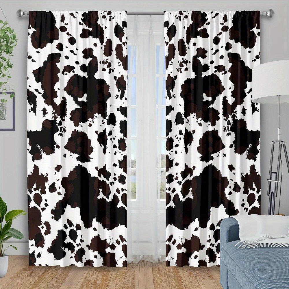 2 Piece Black and White Cow Print Curtains - Machine Washable Polyester for Bedroom   Living Room or Kitchen Decoration