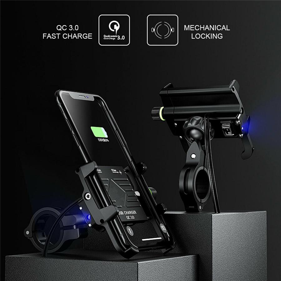 Aluminium Phone Holder QC3.0 Fast USB Charger For Motorcycle Scooter Moped ATV