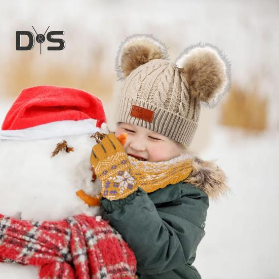 Kids Beanie Fall Winter Knitted Hat with 2 Pompom for Boys Girls 1-4 Years Old Warm Beanie Toddler Hat for Outdoor Activities
