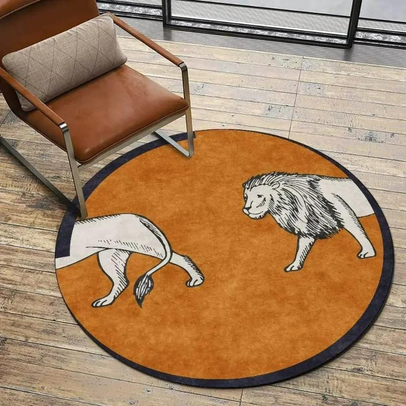 Lion Elephant Round Carpet Home Sofa Coffee Table Area Rugs Non Slip Floor Mat for Living Room Kitchen Bedroom Decor Washable
