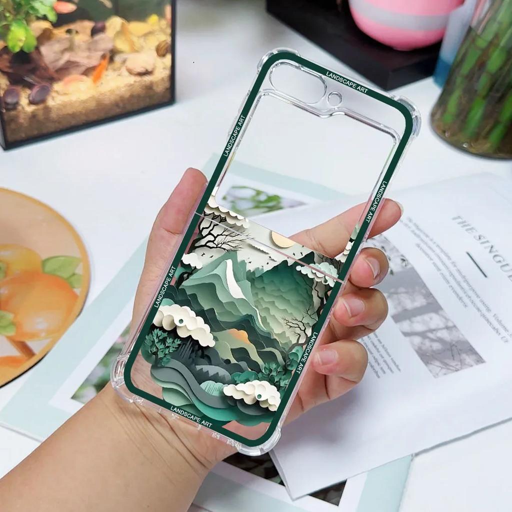 Capa Artística de Paisagem com Padrão 3D de Luxo para Samsung Galaxy Z Flip 6 5 Capa Cover para Samsung ZFlip4 Z Flip 3 Bolsa de Cobertura à Prova de Choque