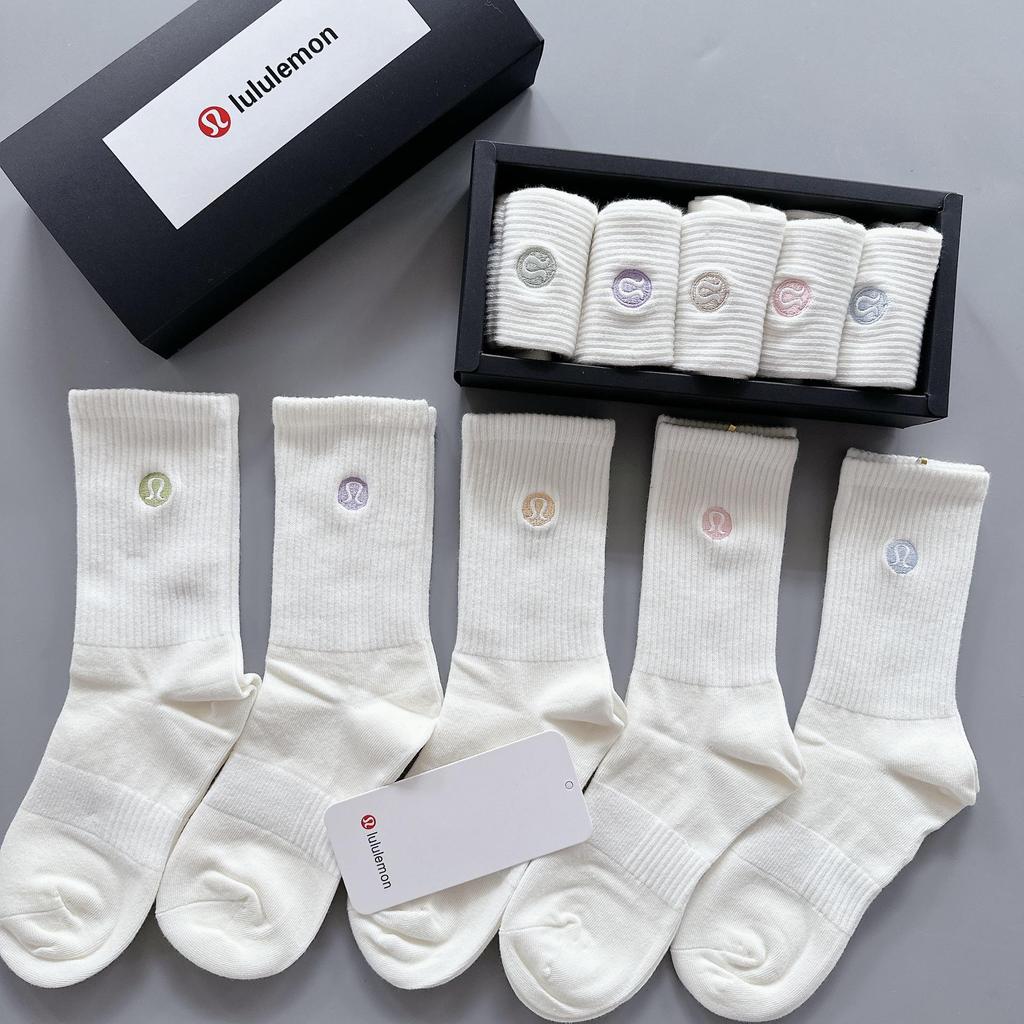 Lululemo Lemon High Socks: A Box of 5 Trendy Embroidered Sports Socks for Men and Women