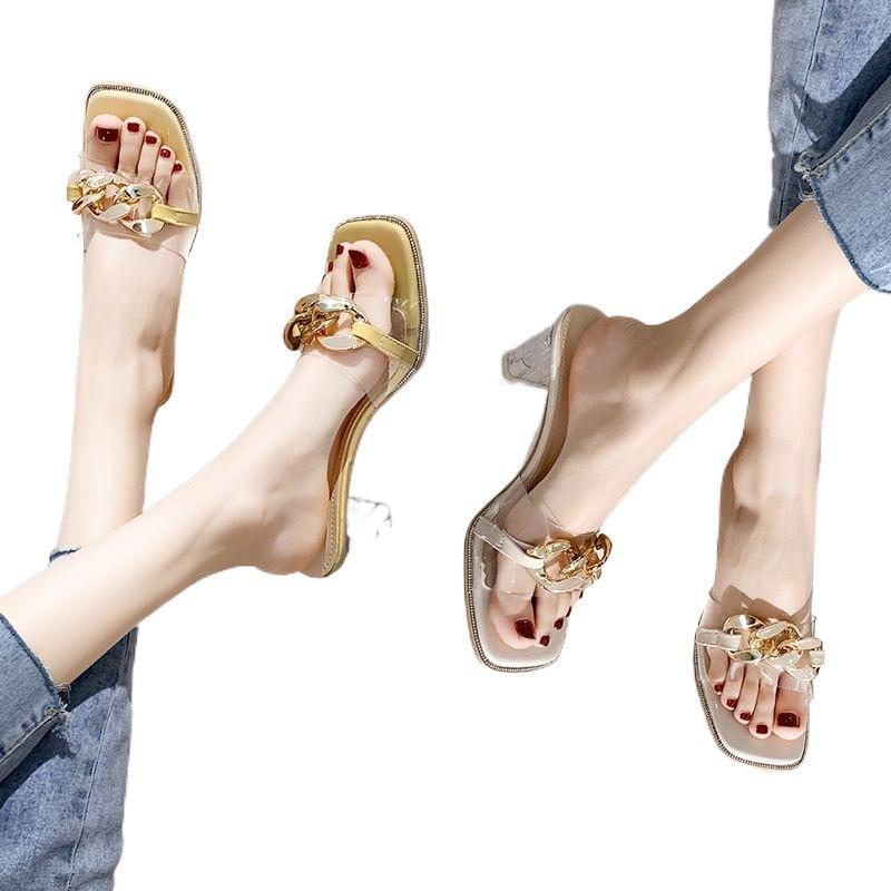 Nye gjennomsiktige høyhælte sandaler Gjennomsiktige tøfler Kvinners allsidige grove hæler En linje tøfler
