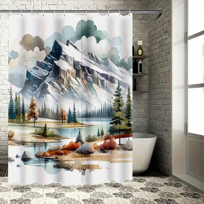 Watercolor Mountain Lake Shower Curtain Nature Landscape Art Bathroom Decor Waterproof With Complimentary Hook Elevate Space