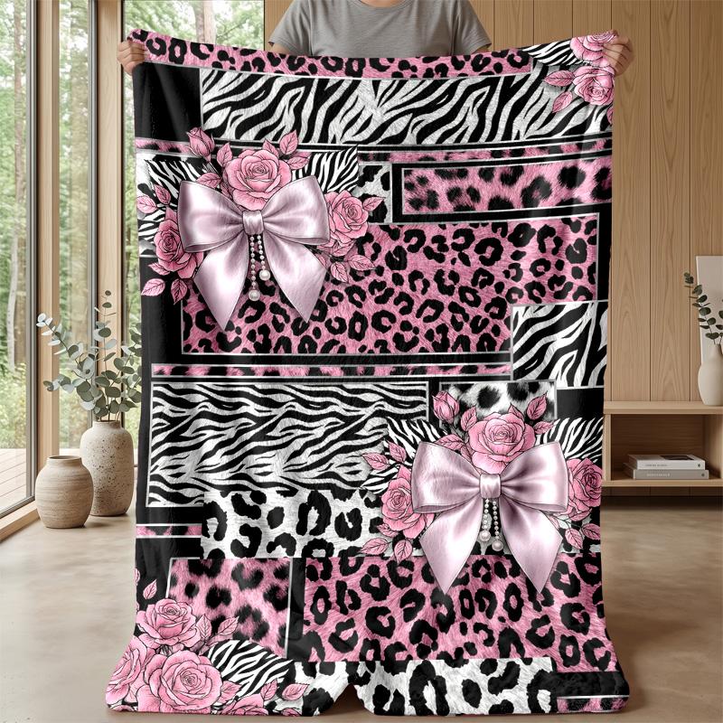 Pink Animal Print Bow Theme Blanket Lightweight Warm Flannel Blanket Decorative Throw Blanket for Home Decoration