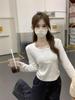Korean Autumn Slim-Fit Square Neck Lace Trim Long-Sleeved Cashmere T-Shirt for Women