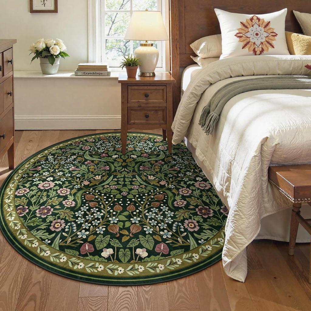 Floral Round Rugs Boho Green Round Living Room Area Rug, Washable Large Soft Circle Rug for Bedroom, Non Slip Ultra Thin Floor