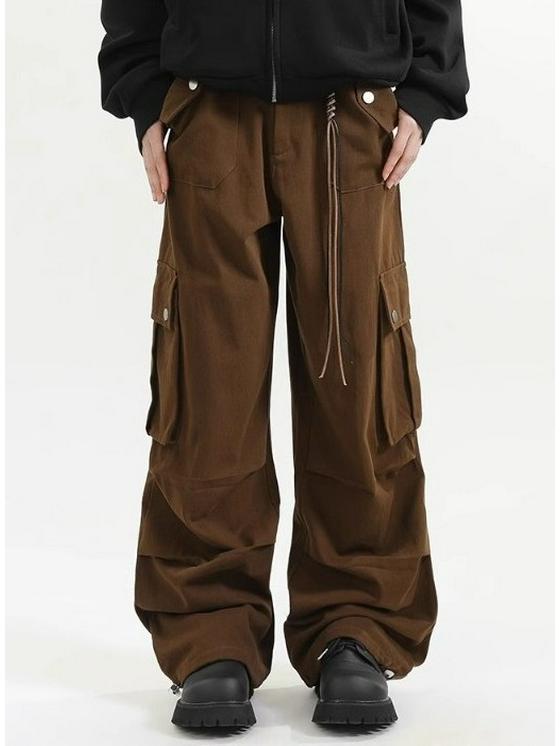 American Retro Maillard Brown Unisex Paratrooper Overalls - Autumn Loose Straight Wide-Leg Casual Pants