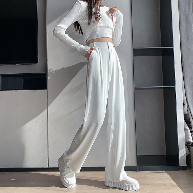 Women's High Waist Wide Leg White Suit Pants - Spring/Autumn Thin Style, Straight Loose Fit with Elegant Drape, Trendy and Versatile.