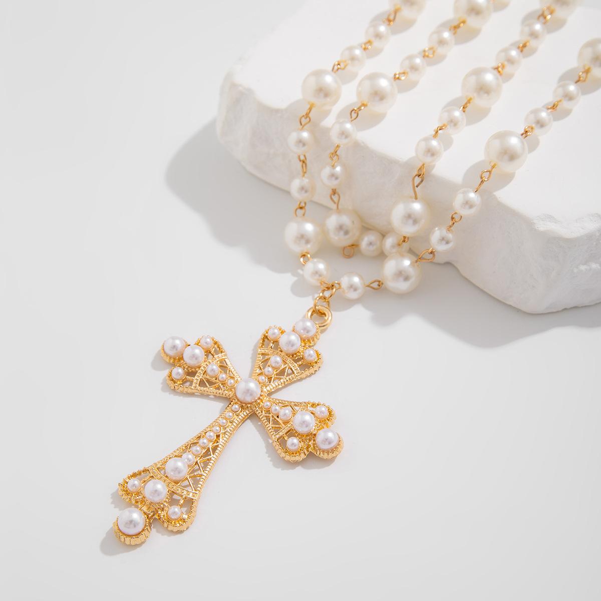 2Pcs Hiphop Punk Cross Pendant Necklace for Men Women Vintage Double Layered Imitation Pearl Necklace Gothic Y2K Jewelry Gifts