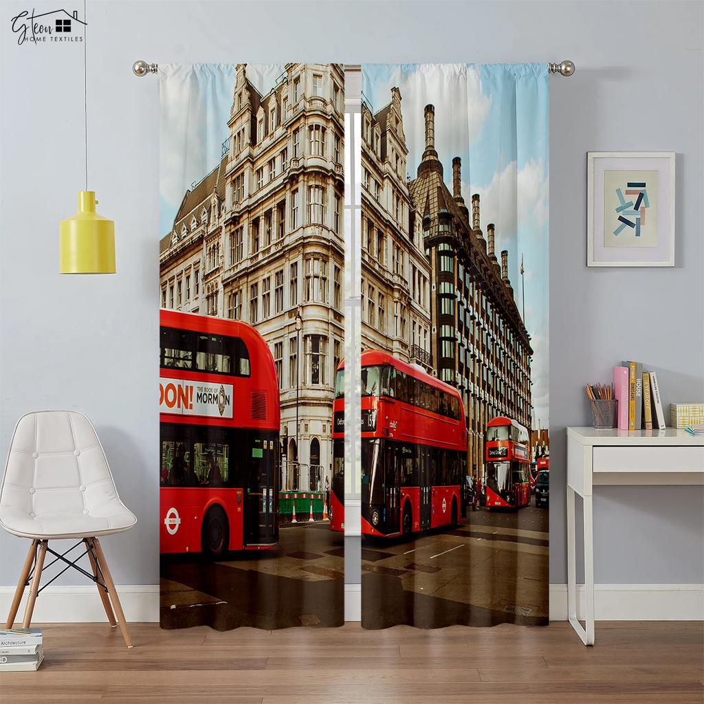 Black And White City Building 3D Printing Curtain Street View Building Red Bus Telephone Booth Simple Modern Decorative Curtain