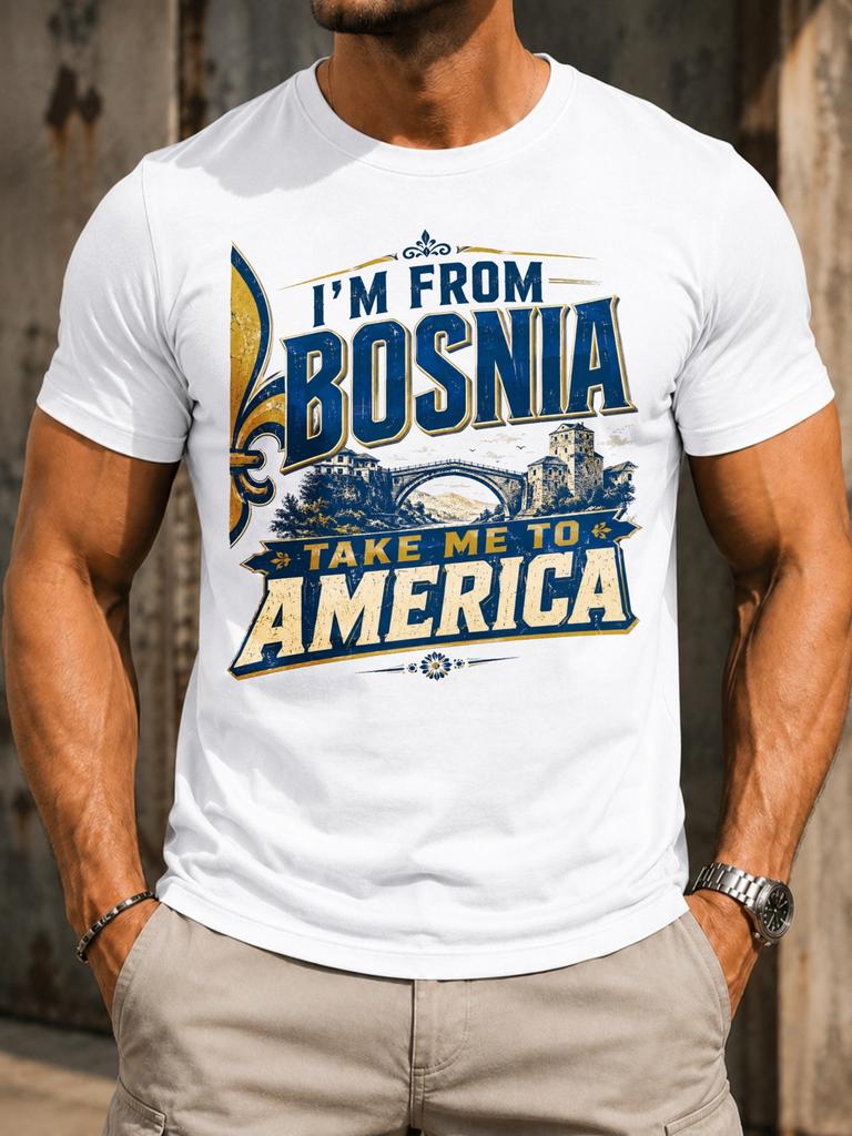 M Aus Bosnien Bring Mich Nach Amerika Brücke Blau Gold College-Schriftzug Mit Wahrzeichen Skyline Stil Unisex Alle T-Shirts