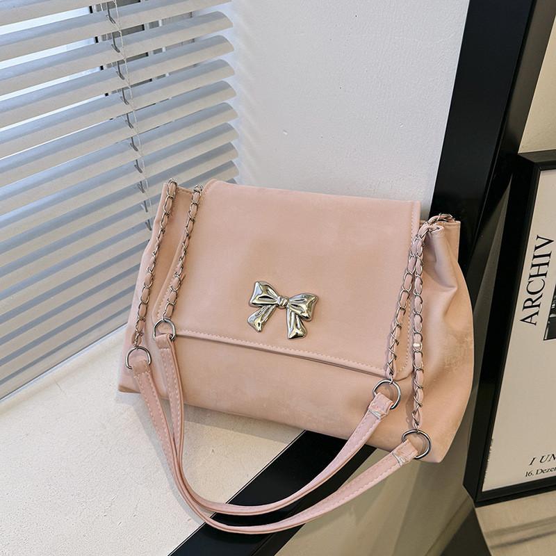 Large Capacity Solid Color Women's Bag 2024 Summer Bow Simple Fashion Commuter Chain Shoulder Bag Women