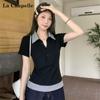 La Chapelle Women's Color-Block Polo Neck Faux Two-Piece T-Shirt