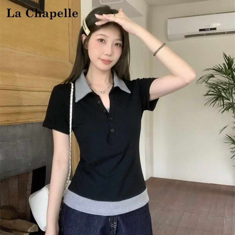 La Chapelle Women s Color-Block Polo Neck Faux Two-Piece T-Shirt M