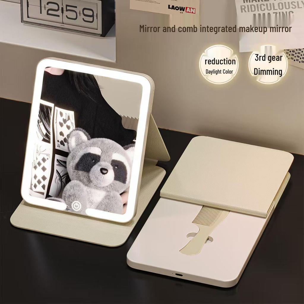 LED Folding Makeup Mirror with Comb – Compact, Lighted, and Convenient for Desktop Use