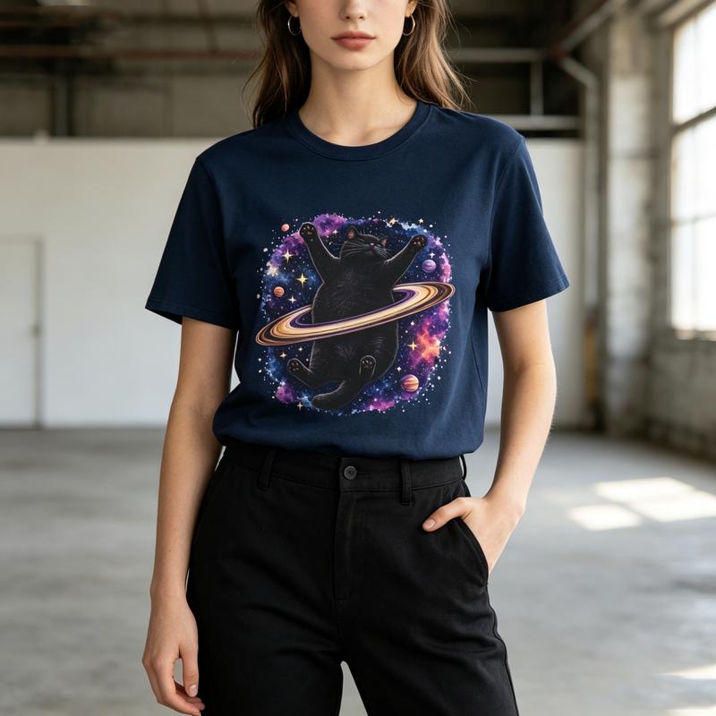 Space Black Cat Graphic T Shirt Galaxy Saturn Cat Print Unisexs Unisexs Cotton Crew Neck Casual Y2k Top Oversized Tee Harajuku