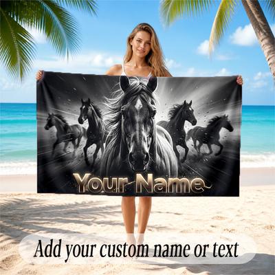 Toalla de Playa Secado Rápido Tema de Caballos Nombre Personalizado Impresión de Texto Toalla Grande Resistente a la Arena Vacaciones en la Playa