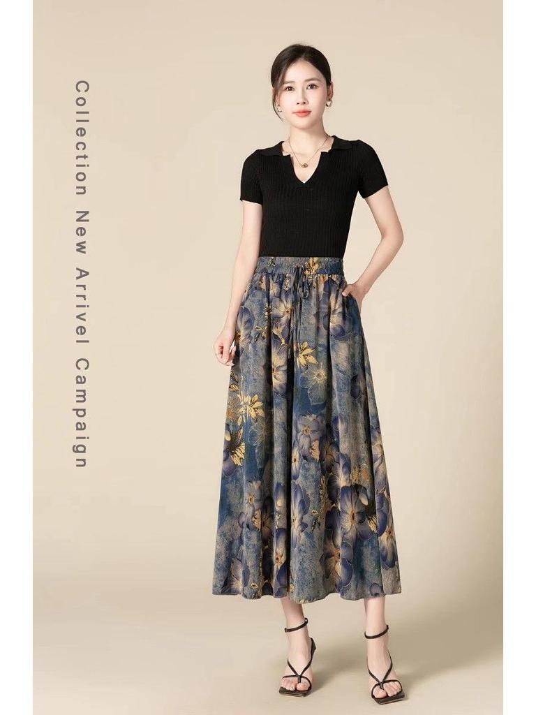 Women's 2026 Summer High-Waisted Wide-Leg Pants Skirt - Breathable, Printed, Slimming, Loose-Fit, Nine-Point Length