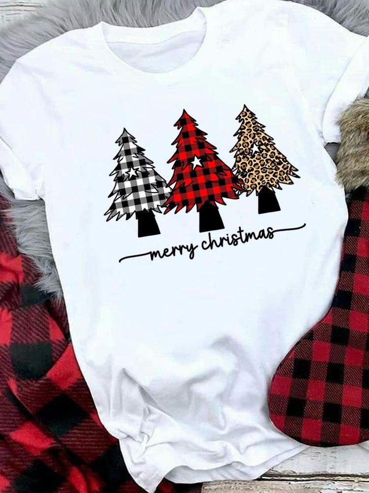 (Asian Size) Plaid Tree Style Cute Merry Christmas Tee Top Festival   New Year Holiday Casual  Lady Short Sleeve Fashion Women Print Graphic T-shirts