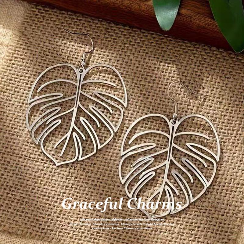 European Cutout Leaf Earrings: Electroplated Metal Style for Autumn/Winter