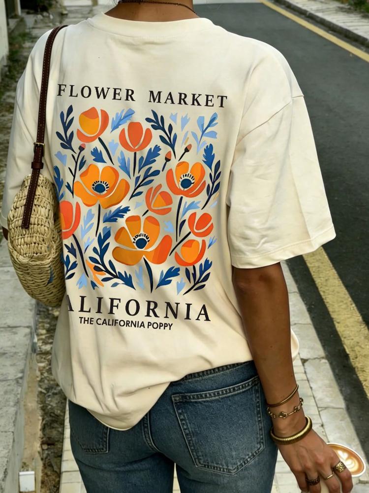 New Stylish Design California Floral Printed Tshirt Casual Round Neck Short Sleeve Tshirt Fashionable Versatile Unisex Top Tee