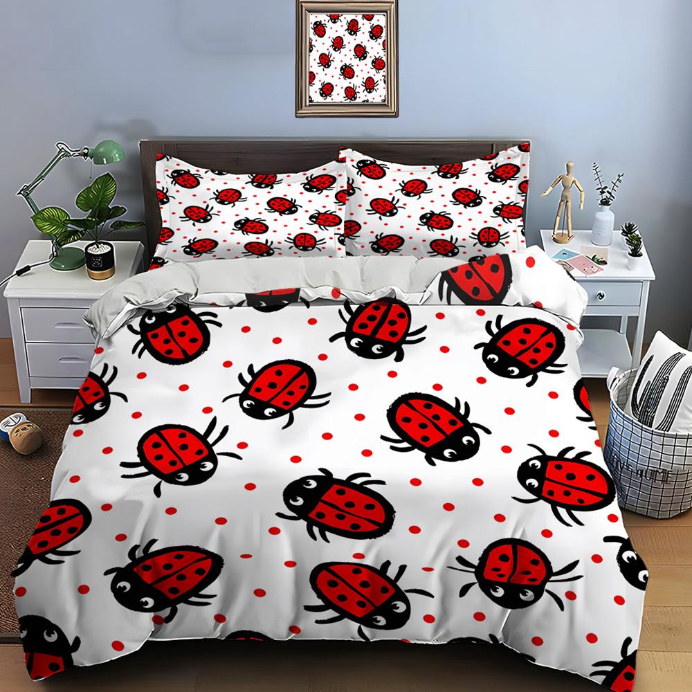Ladybug And Red Polka Dot Pattern Print Bedding Set 1 Duvet Cover 2 Pillowcases For Adult And Children Luxury Gift Full Size