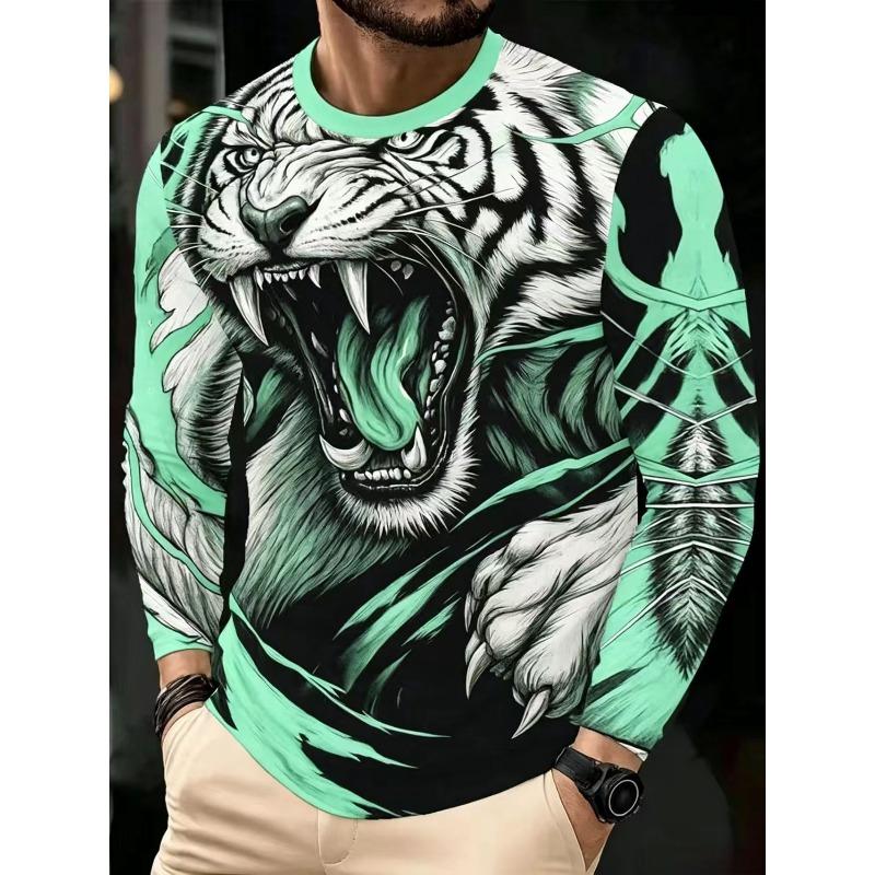 Men's Autumn and Winter Tiger 3D Printed Crew Neck Long Sleeve T-Shirt