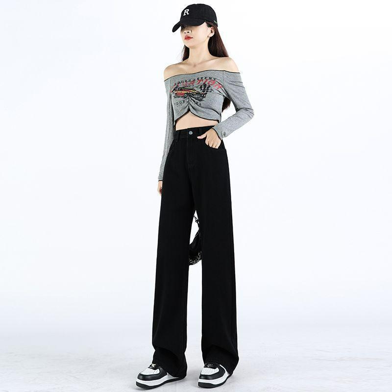 Comfortable Pear Shape Body Black Jeans Women Skinny Small People High Waist Straight Wide Leg Long Trousers Jeans for Women Long Denim Pants