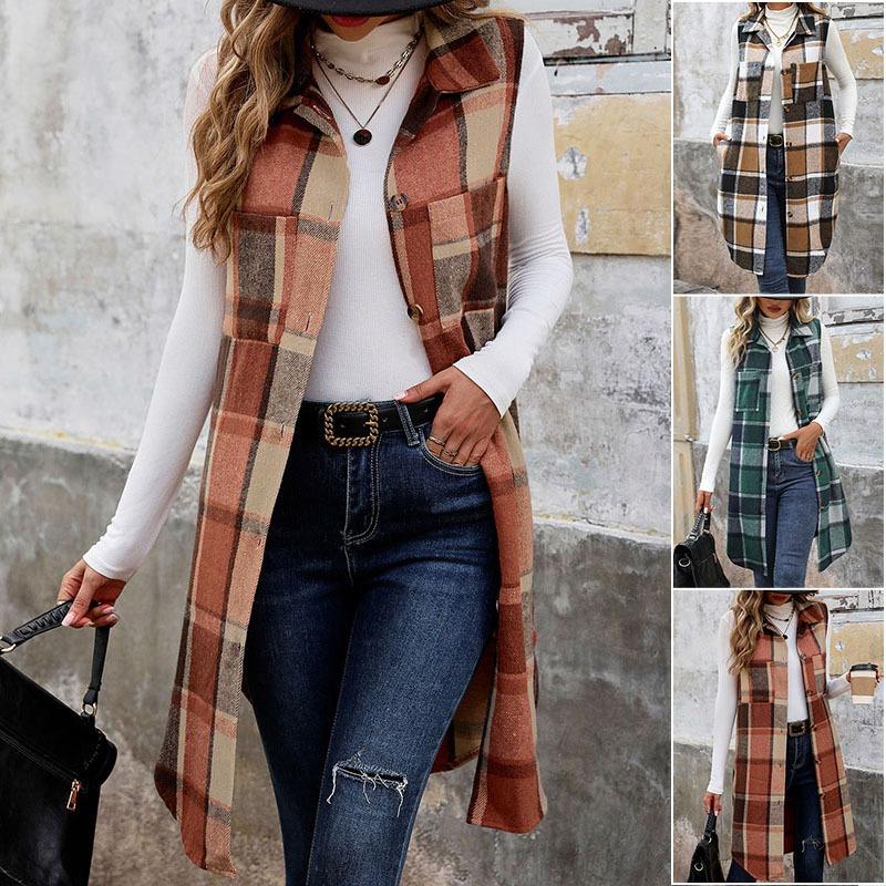 Sleeveless Turn Down Collar Plaid Mid Length Women S Vest
