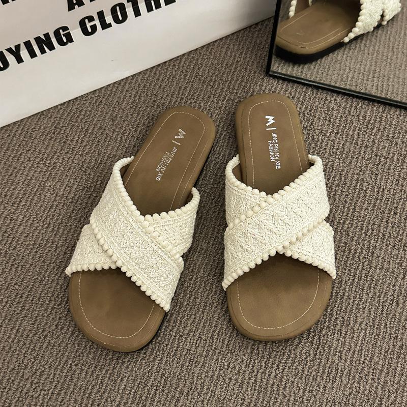 

Cool slippers 2025 new summer retro woven cross cool slippers flat bottom one-word women s shoes 35 бежевый
